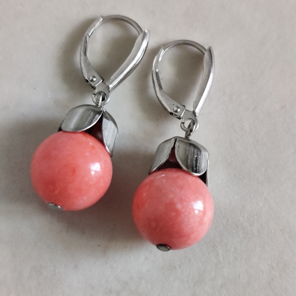 Genuine Pink Salmon Coral Earrings in Sterling Silver